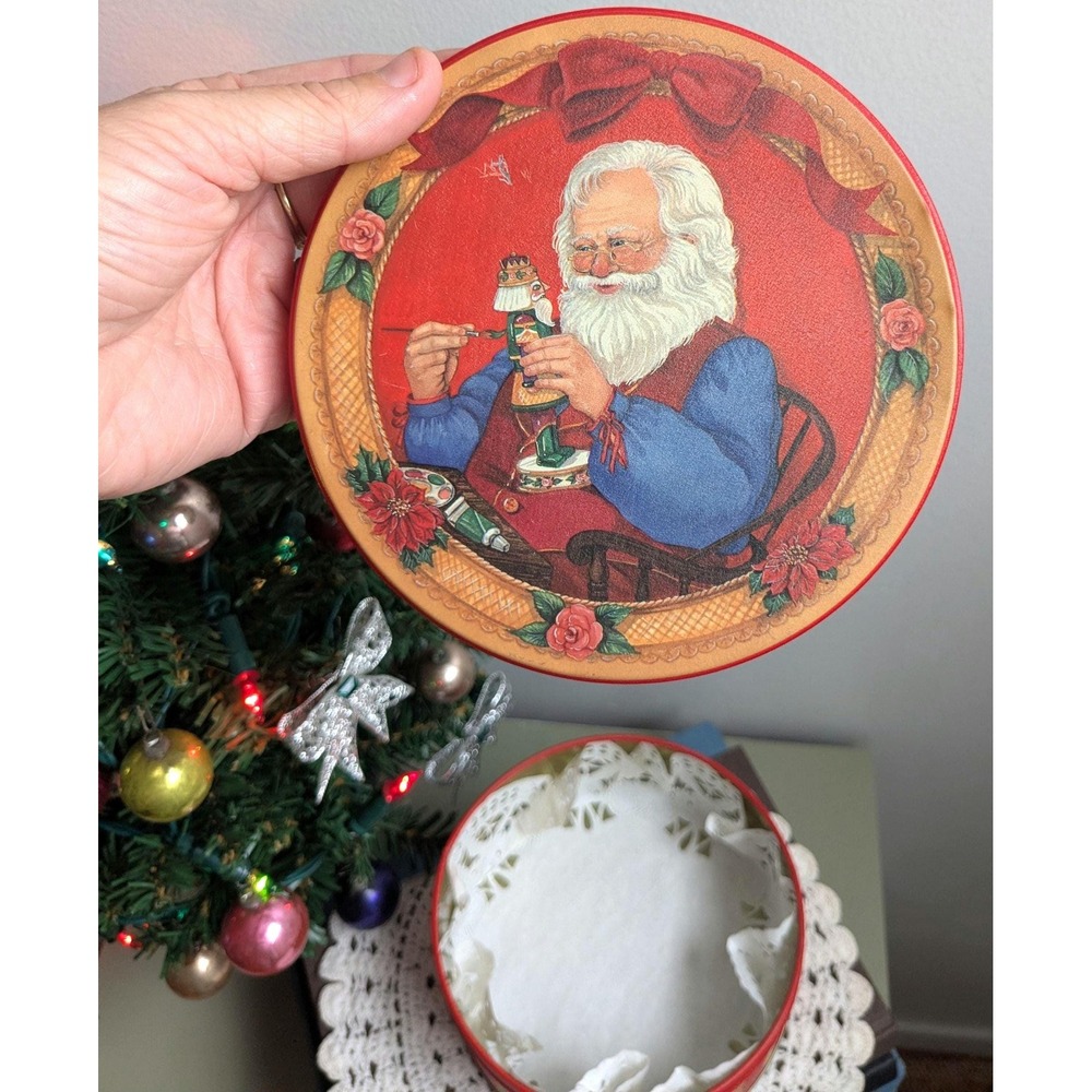 Vintage Christmas Tin Cookie Box Santa Painting Nutcracker Red Round Storage Tin